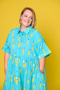 Model wearing Toomi Ultimate Maxi in Seagulls lightweight cotton v-neck dress in seagull print