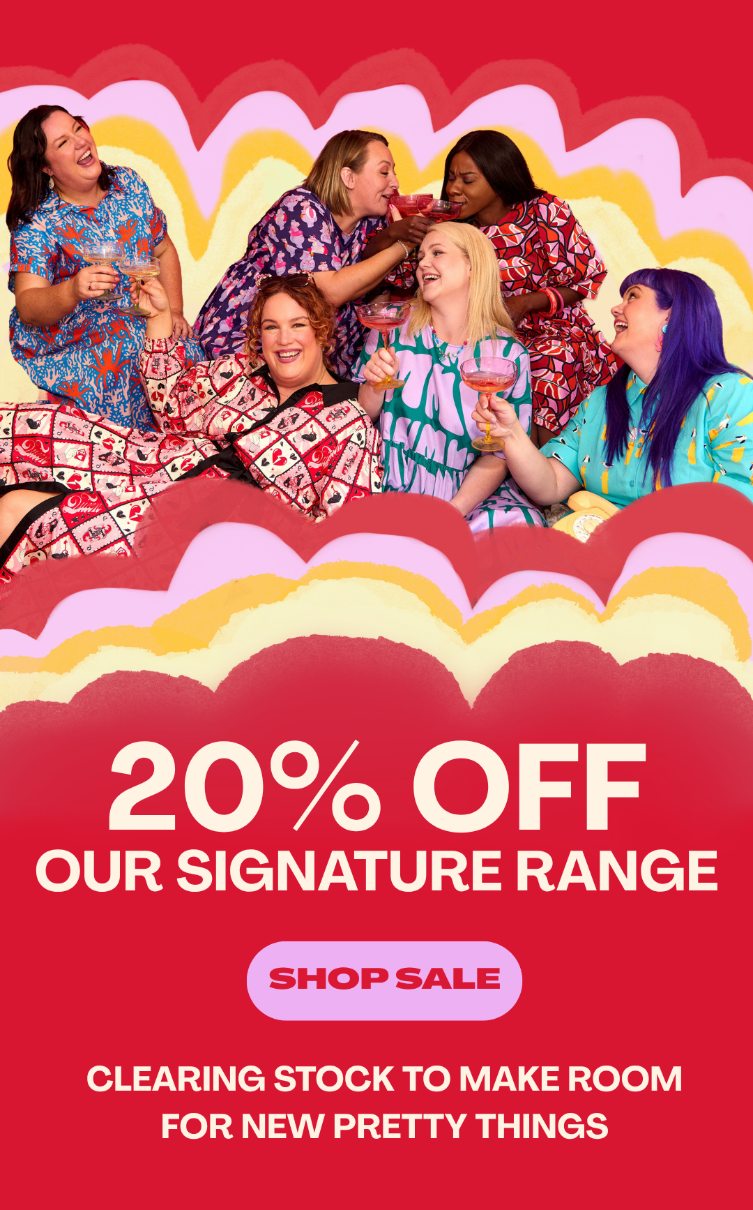 Promotional poster with women in colorful outfits and a 20% off sale message on a red background.